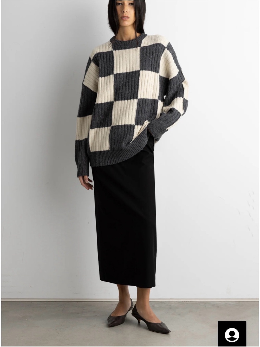 OAK + FORT Checkerboard Rib-Knit Crewneck Sweater - Cream & Dark Gray